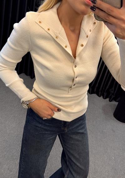 DİLVİN DİK YAKA ÇITÇITLI ÇELİK ÖRME TRİKO EKRU