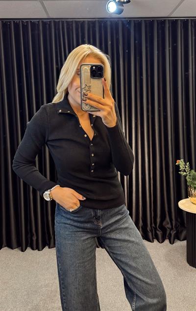 DİLVİN DİK YAKA ÇITÇITLI ÇELİK ÖRME TRİKO SİYAH