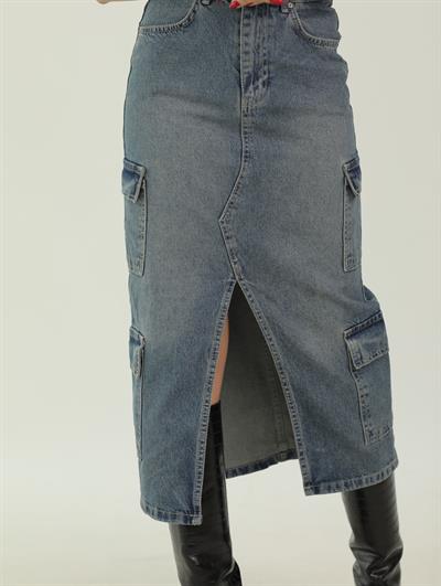 DİLVİN DÖRT CEPLİ YIRTMAÇLI JEAN ETEK MAVİ