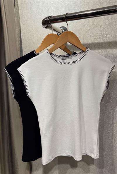 DİLVİN KONTRAST DİKİŞ DETAYLI TSHİRT BEYAZ