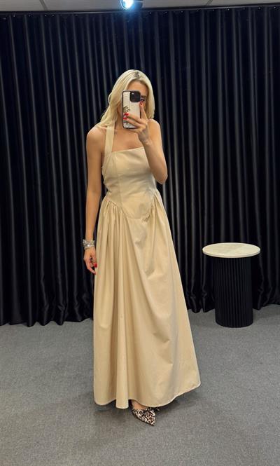 DİNA GLOP DETAYLI ELBİSE BEJ