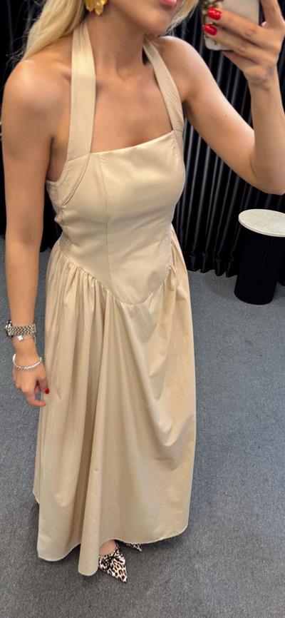 DİNA GLOP DETAYLI ELBİSE BEJ