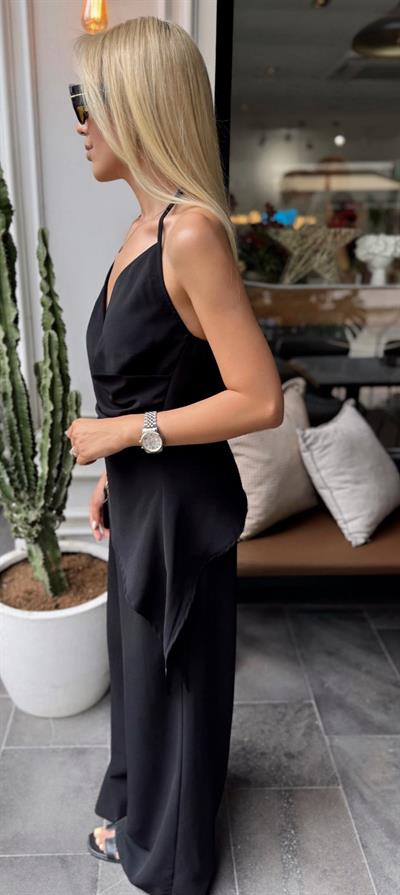 DRAPELİ ASİMETRİK KESİM BLUZ PANTOLON TAKIM SİYAH