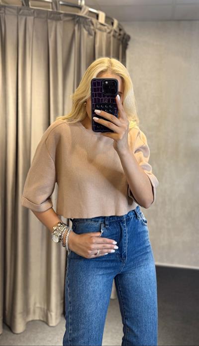 DUBLE KOL CROP TRİKO BEJ