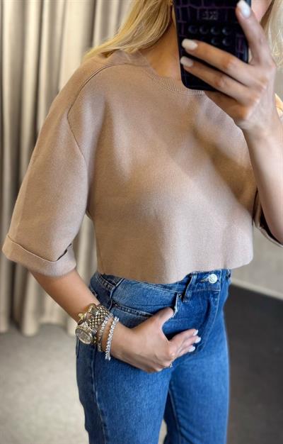 DUBLE KOL CROP TRİKO BEJ