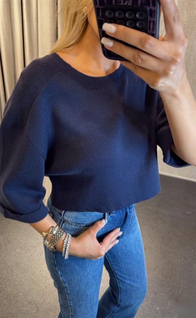 DUBLE KOL CROP TRİKO LACİVERT