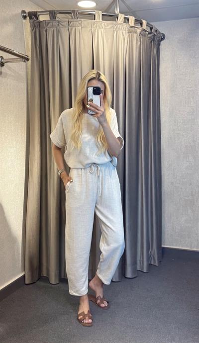 DÜŞÜK OMUZ KETEN TAKIM EKRU