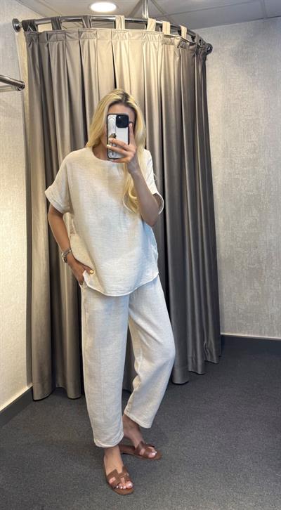 DÜŞÜK OMUZ KETEN TAKIM EKRU