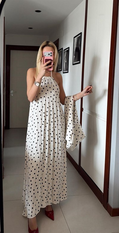 EKRU ÇANTALI PUANTİYELİ ELBİSE