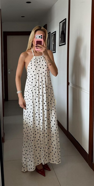 EKRU ÇANTALI PUANTİYELİ ELBİSE