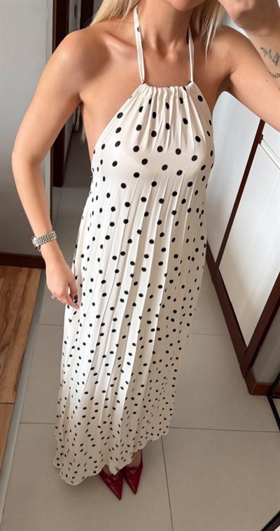 EKRU ÇANTALI PUANTİYELİ ELBİSE