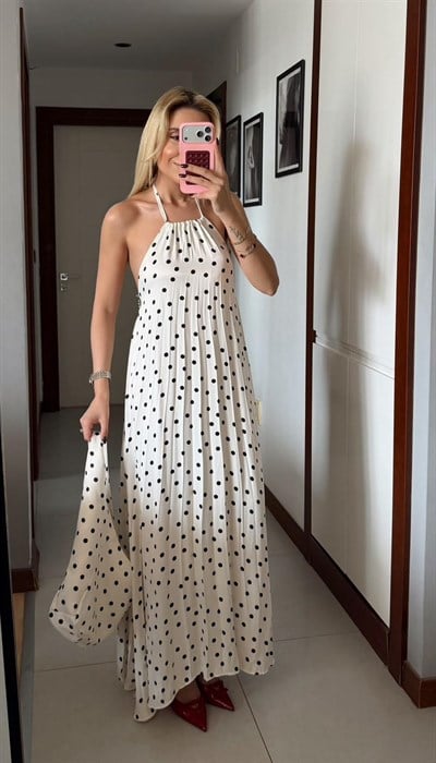 EKRU ÇANTALI PUANTİYELİ ELBİSE