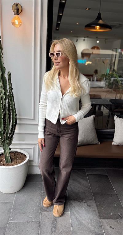 EKRU ÇİFT FERMUARLI KAPÜŞONLU HIRKA