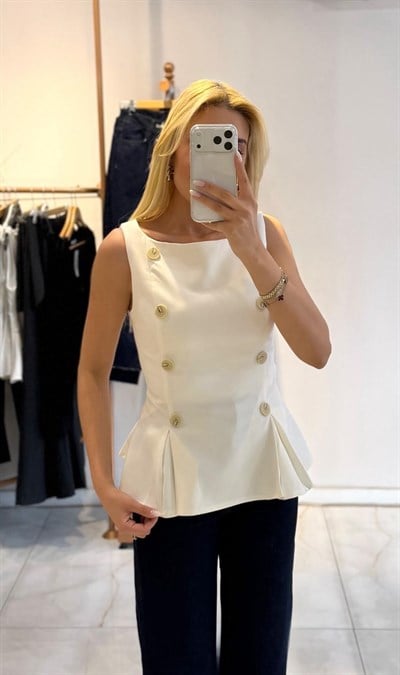 EKRU DÜĞMELİ BELDEN OTURMALI BALON BLUZ