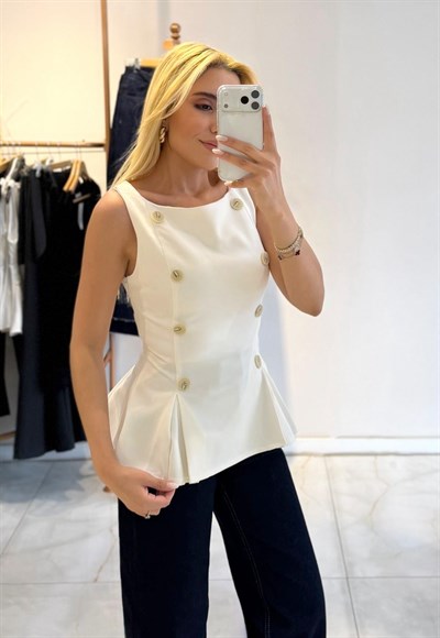 EKRU DÜĞMELİ BELDEN OTURMALI BALON BLUZ