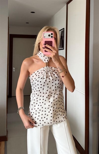 EKRU GOLD AKSESUARLI PUANTİYELİ BLUZ