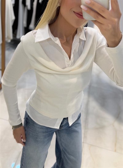 EKRU GÖMLEK YAKA DETAYLI BLUZ