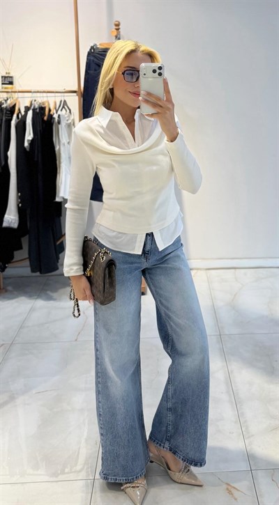 EKRU GÖMLEK YAKA DETAYLI BLUZ