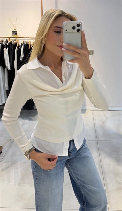 EKRU GÖMLEK YAKA DETAYLI BLUZ