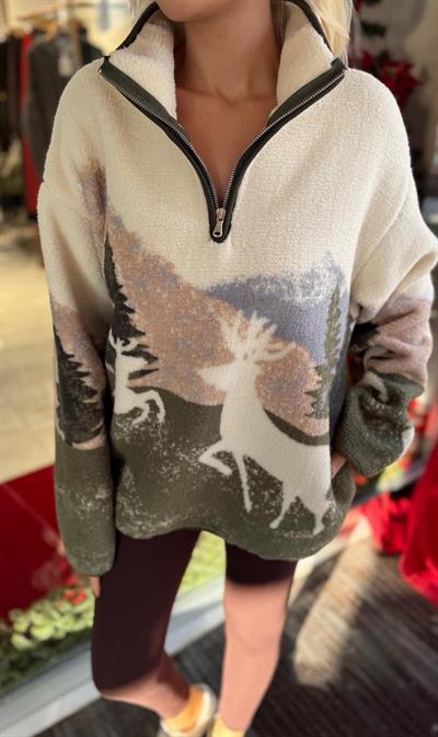 EKRU HAKİ GEYİK DESENLİ TEDDY SWEATSHİRT