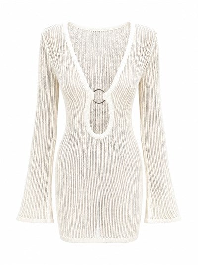 EKRU HALKA TOKALI AJURLU BEACHWEAR ELBİSE