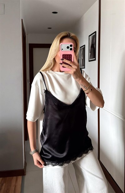 EKRU KISA KOLLU DANTEL DETAY TSHİRT