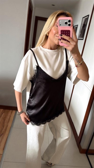 EKRU KISA KOLLU DANTEL DETAY TSHİRT