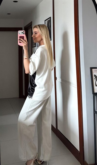 EKRU KISA KOLLU DANTEL DETAY TSHİRT