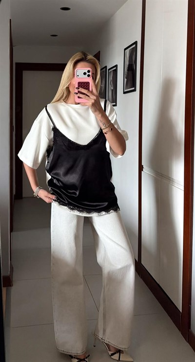 EKRU KISA KOLLU DANTEL DETAY TSHİRT