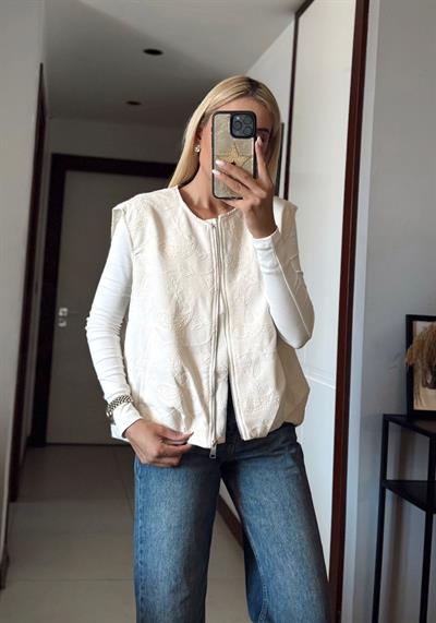 EKRU NAKIŞ DETAYLI BOMBER YELEK