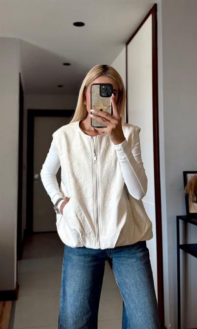 EKRU NAKIŞ DETAYLI BOMBER YELEK