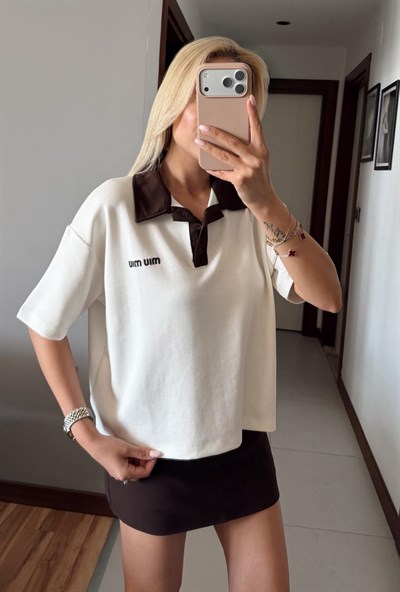 EKRU POLO YAKA GARNİLİ KISA KOL TSHİRT