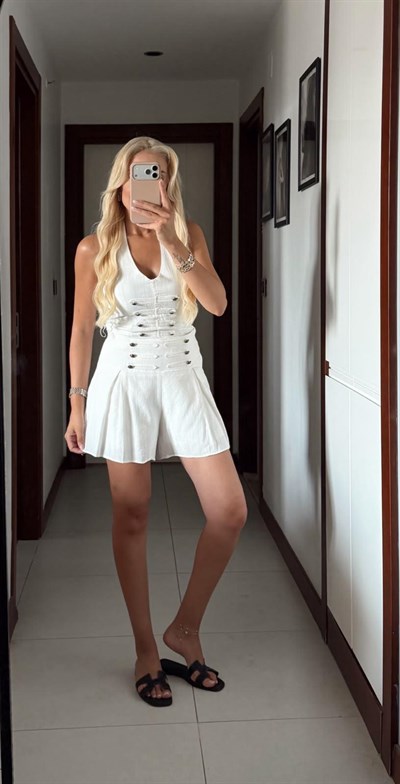 EKRU SİOFRA KETEN BOYUNDAN GEÇMELİ BLUZ