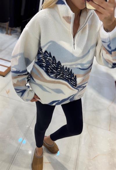 EKRU/MAVİ MANZARA DESENLİ TEDDY SWEATSHİRT