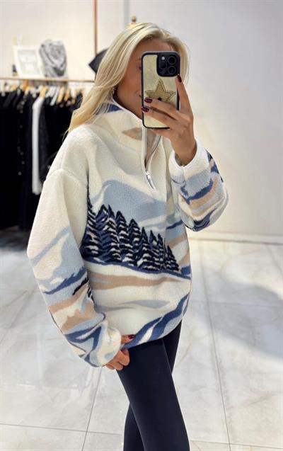 EKRU/MAVİ MANZARA DESENLİ TEDDY SWEATSHİRT