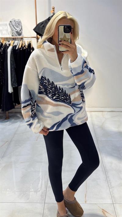 EKRU/MAVİ MANZARA DESENLİ TEDDY SWEATSHİRT