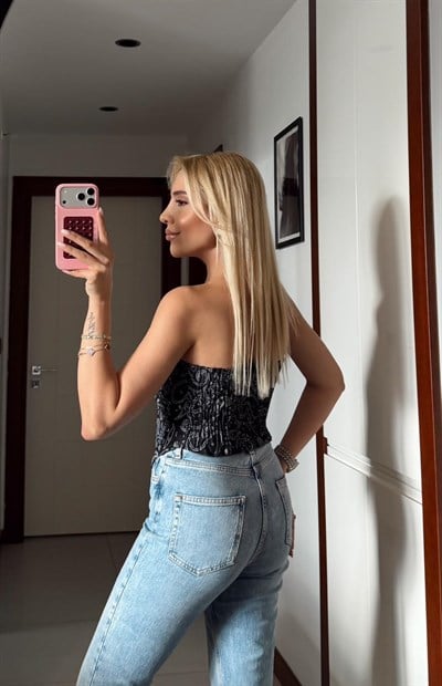 ETNİK DESEN DENİM STRAPLEZ BLUZ