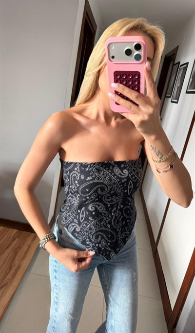 ETNİK DESEN DENİM STRAPLEZ BLUZ