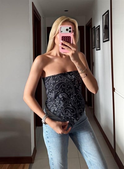 ETNİK DESEN DENİM STRAPLEZ BLUZ