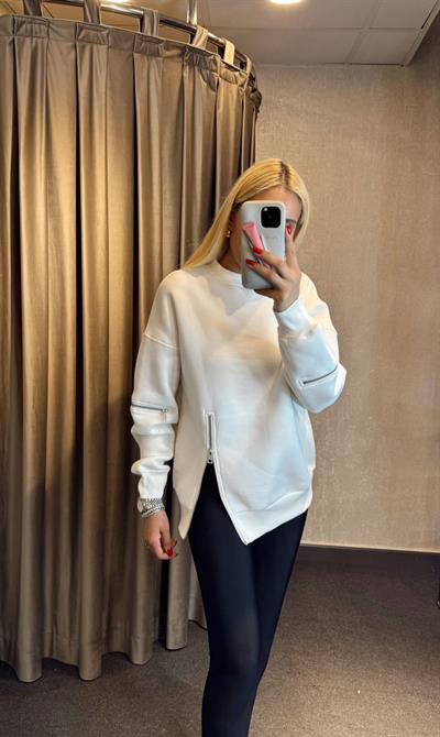 FERMUARLI TASARIM SWEAT BEYAZ