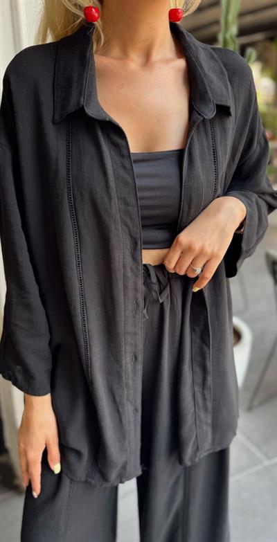 FİLE DETAYLI GÖMLEK PANTOLON TAKIM SİYAH