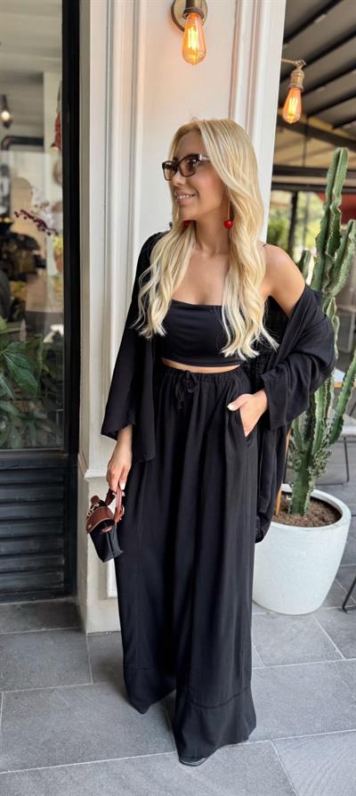 FİLE DETAYLI GÖMLEK PANTOLON TAKIM SİYAH