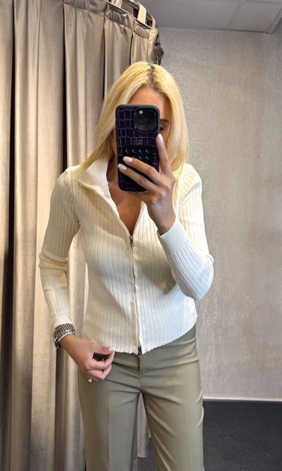 FİTİLLİ ÇİFT FERMUARLI TRİKO BLUZ EKRU