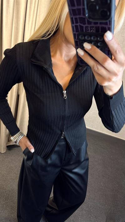 FİTİLLİ ÇİFT FERMUARLI TRİKO BLUZ SİYAH