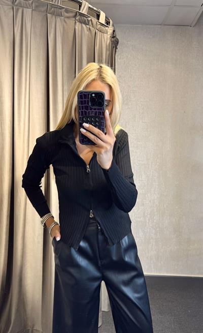 FİTİLLİ ÇİFT FERMUARLI TRİKO BLUZ SİYAH