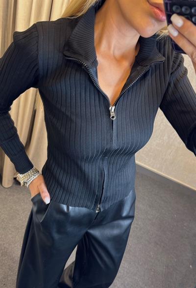 FİTİLLİ ÇİFT FERMUARLI TRİKO BLUZ SİYAH