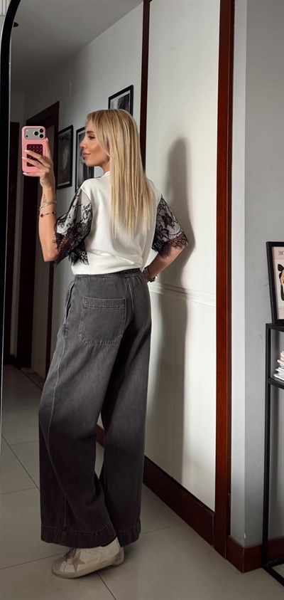 FÜME BELİ LASTİKLİ KUŞAKLI DENİM PANTOLON