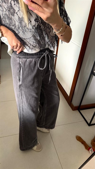 FÜME BELİ LASTİKLİ KUŞAKLI DENİM PANTOLON