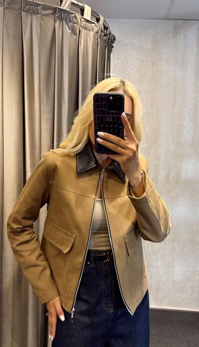 GABARDİN DERİ YAKALI MONT CAMEL