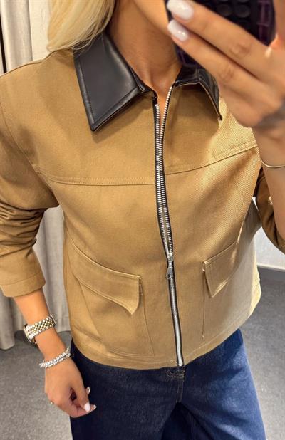 GABARDİN DERİ YAKALI MONT CAMEL